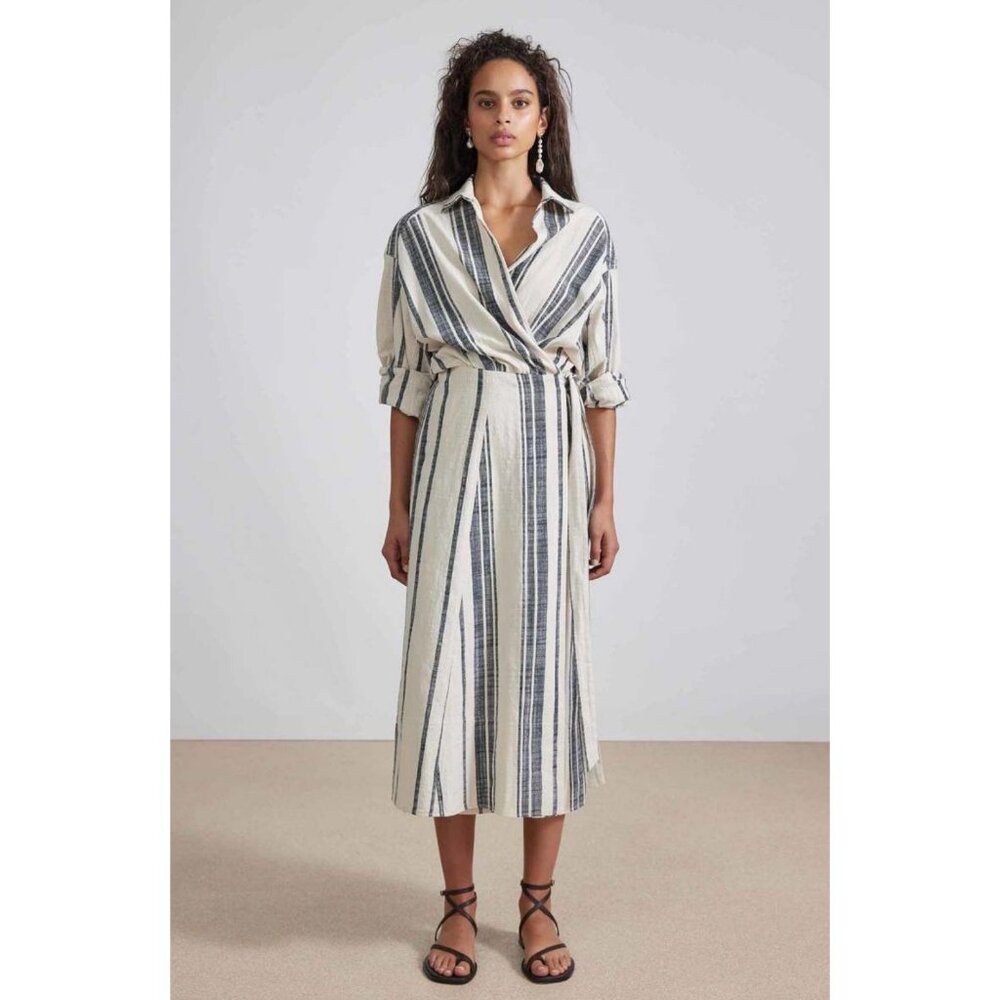 NWT APIECE APART Gabriella Tie Wrap Dress Organic Cotton Midi Cream Bold Stripe